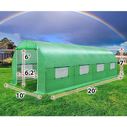 FastFurnishings Outdoor Greenhouse 10 x 20 x 7 Ft with Heavy Duty Steel Frame and Green PE Cover