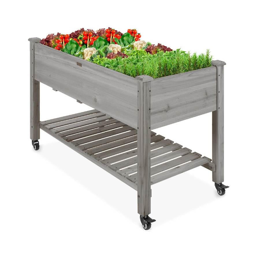 FastFurnishings Outdoor Grey Wood Raised Garden Bed Planter Box with Shelf and Locking Wheels