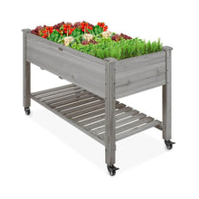 FastFurnishings Outdoor Grey Wood Raised Garden Bed Planter Box with Shelf and Locking Wheels