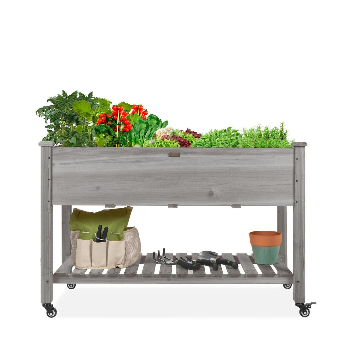 FastFurnishings Outdoor Grey Wood Raised Garden Bed Planter Box with Shelf and Locking Wheels