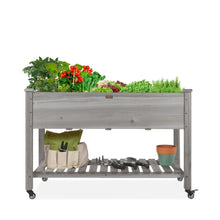 FastFurnishings Outdoor Grey Wood Raised Garden Bed Planter Box with Shelf and Locking Wheels