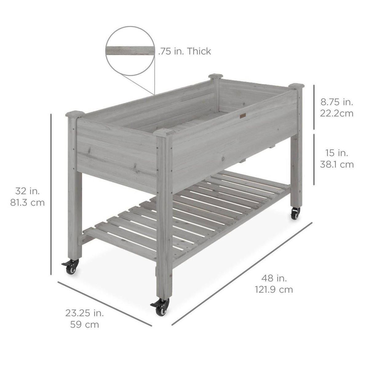 FastFurnishings Outdoor Grey Wood Raised Garden Bed Planter Box with Shelf and Locking Wheels