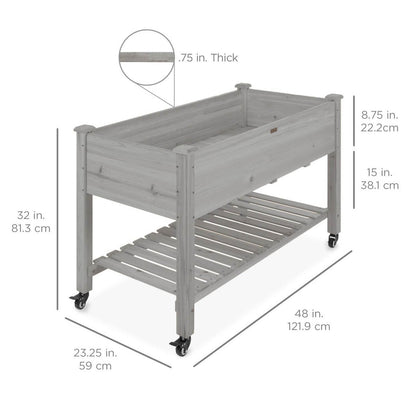 FastFurnishings Outdoor Grey Wood Raised Garden Bed Planter Box with Shelf and Locking Wheels