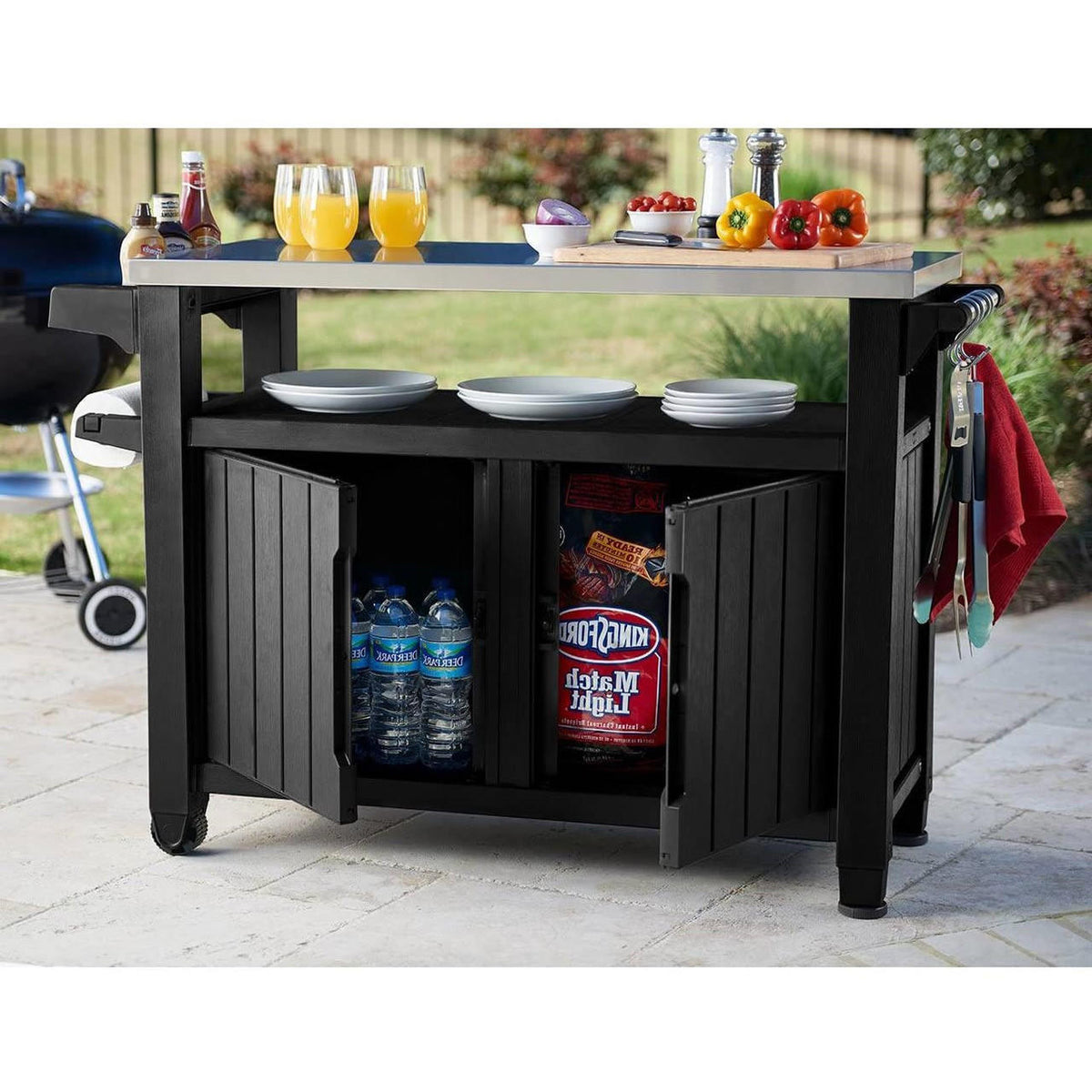 FastFurnishings Outdoor Grill Party Bar Serving Cart with Storage in Graphite Grey