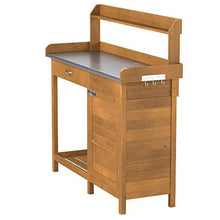 FastFurnishings Outdoor Home Garden Potting Bench with Metal Table Top and Storage Cabinet