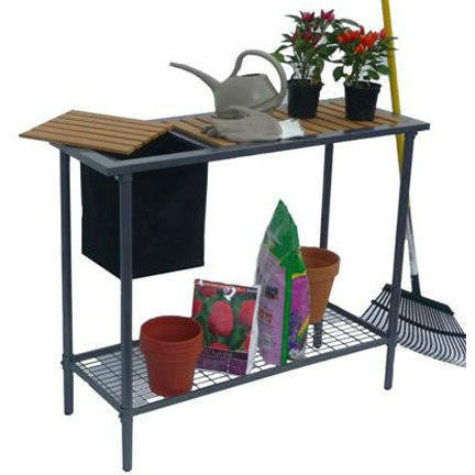 FastFurnishings Outdoor Metal Garden Bench Work Table with Wood Top