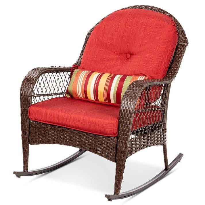 FastFurnishings Outdoor Patio Brown Wicker Rocking Chair with Red Cushions and Accent Pillow