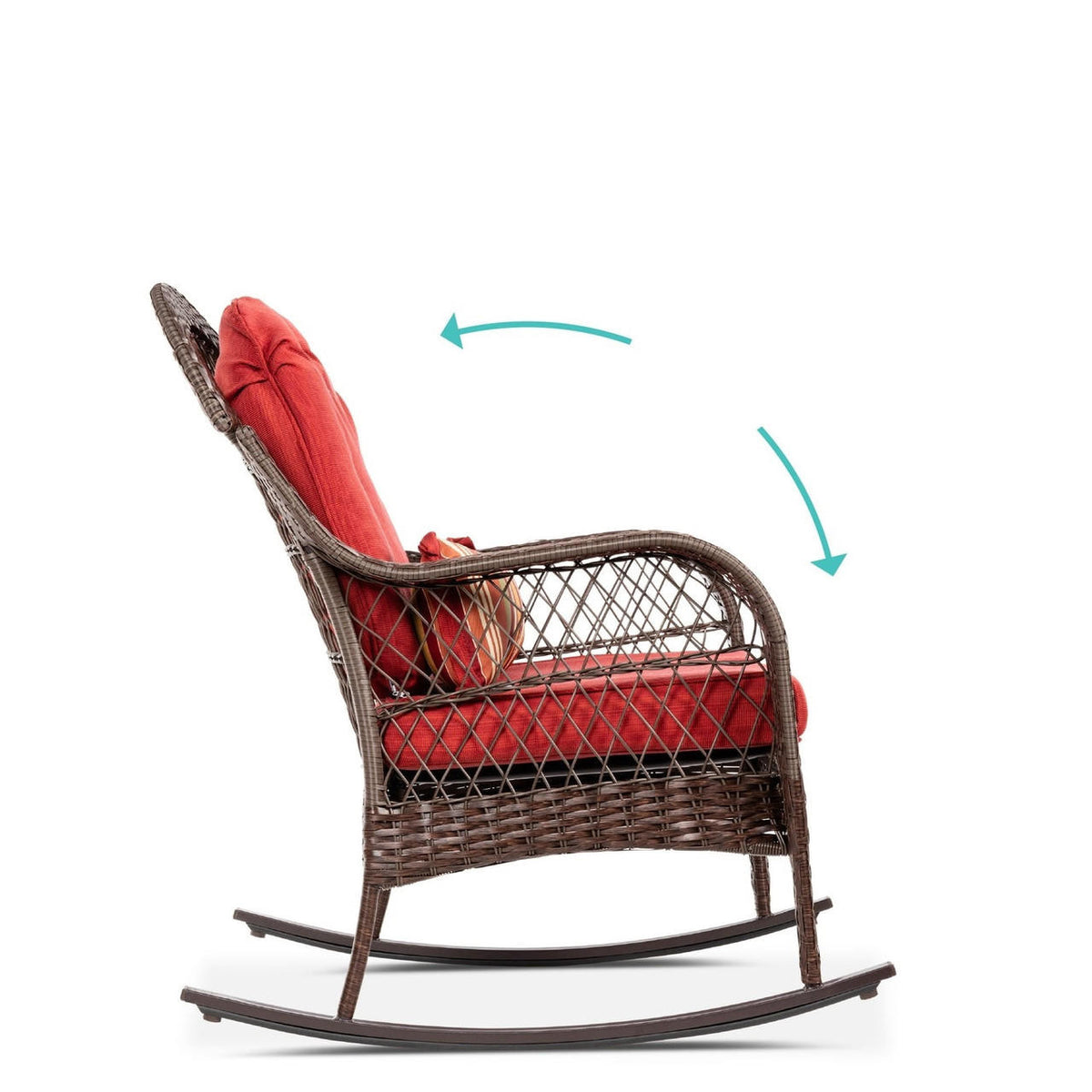 FastFurnishings Outdoor Patio Brown Wicker Rocking Chair with Red Cushions and Accent Pillow