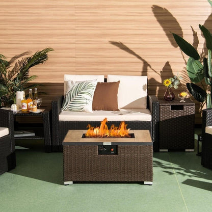 FastFurnishings Outdoor Propane Fire Pit with Side Table Tank Holder in Brown PE Rattan