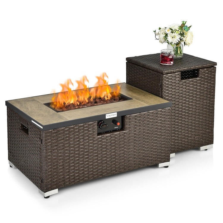 FastFurnishings Outdoor Propane Fire Pit with Side Table Tank Holder in Brown PE Rattan