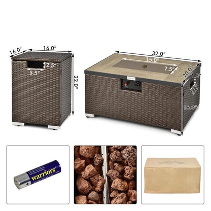 FastFurnishings Outdoor Propane Fire Pit with Side Table Tank Holder in Brown PE Rattan