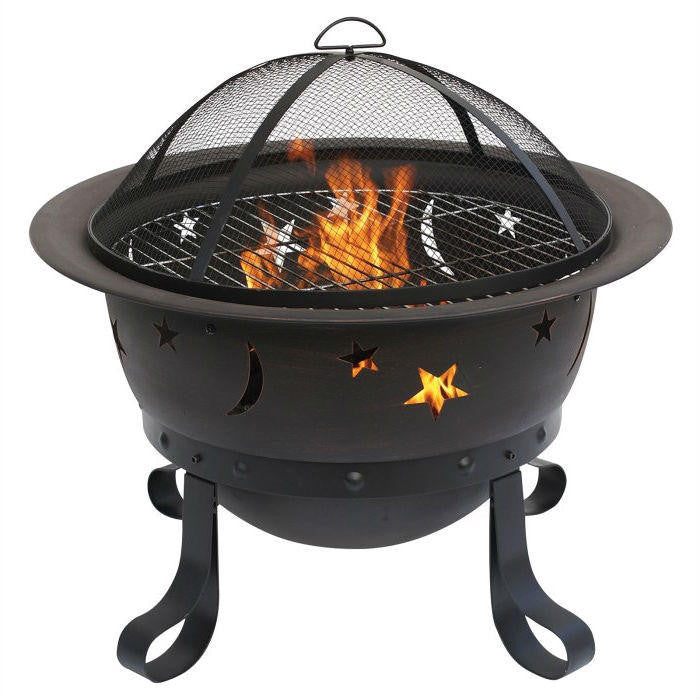 FastFurnishings Outdoor Star Moon Steel Wood Burning Fire Pit in Bronze Finish