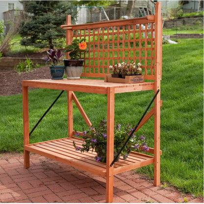 FastFurnishings Outdoor Weather-Resistant Fir Wood Potting Bench Garden Table with Lattice Back