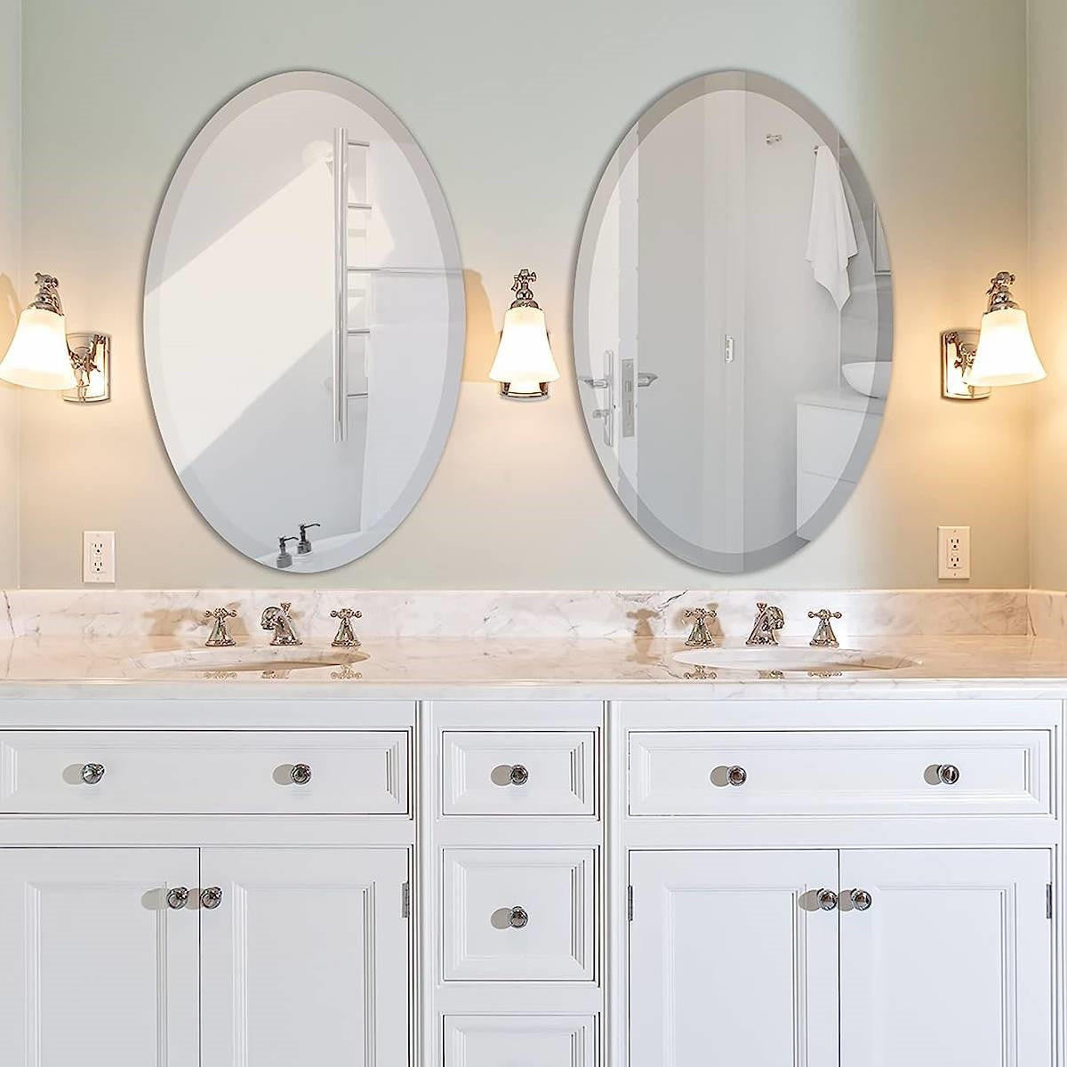 FastFurnishings Oval 36 x 24-inch Beveled Bathroom Living Room Vanity Frameless Wall Mirror