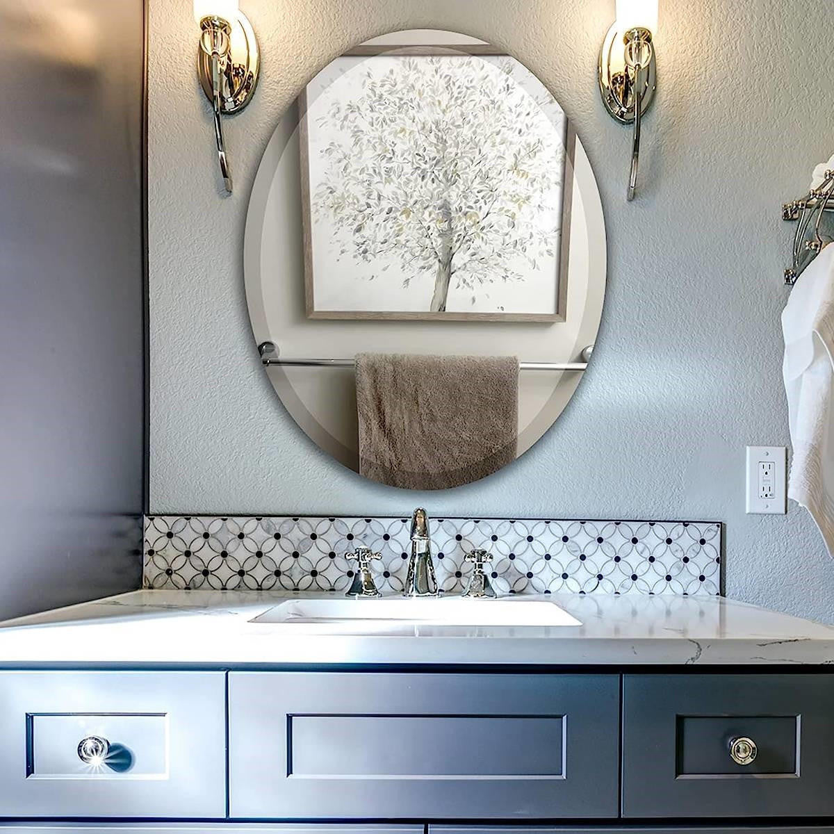 FastFurnishings Oval 36 x 24-inch Beveled Bathroom Living Room Vanity Frameless Wall Mirror
