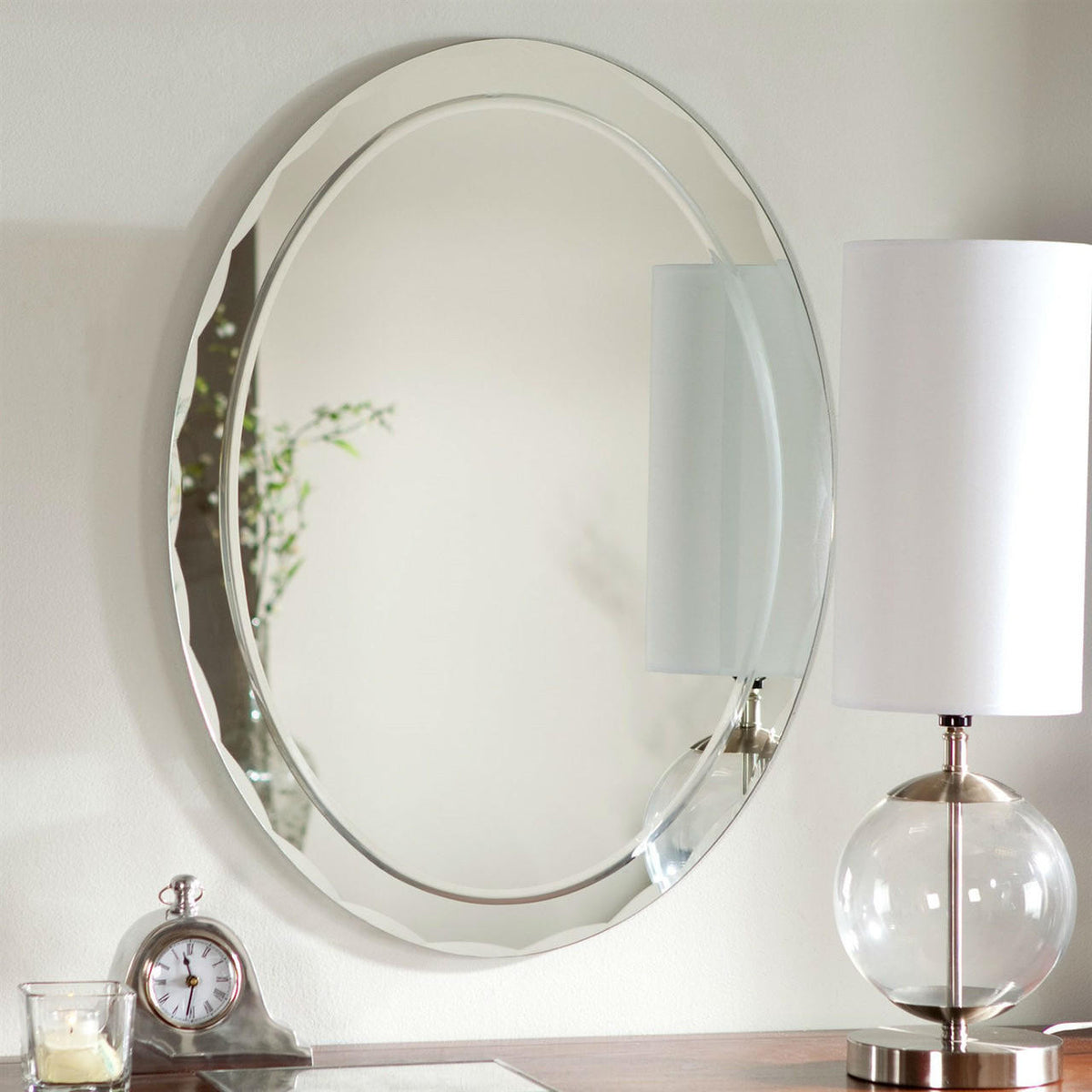 FastFurnishings Oval Frameless Bathroom Vanity Wall Mirror with Beveled Edge Scallop Border