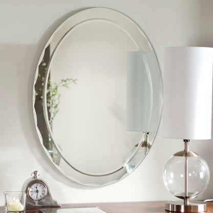 FastFurnishings Oval Frameless Bathroom Vanity Wall Mirror with Beveled Edge Scallop Border