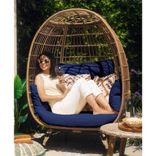 FastFurnishings Oversized Patio Lounger Indoor/Outdoor Wicker Rattan Egg Chair Dark Blue