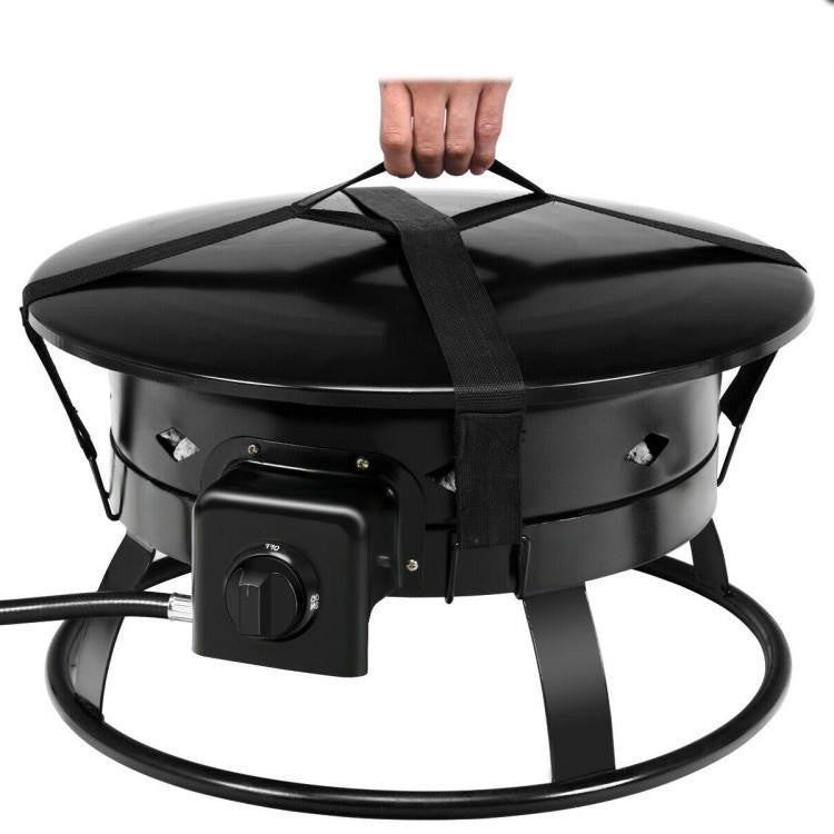 FastFurnishings Portable Outdoor Black Metal Propane Fire Pit with Cover and Carry Kit