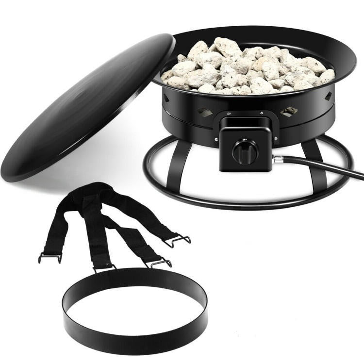 FastFurnishings Portable Outdoor Black Metal Propane Fire Pit with Cover and Carry Kit