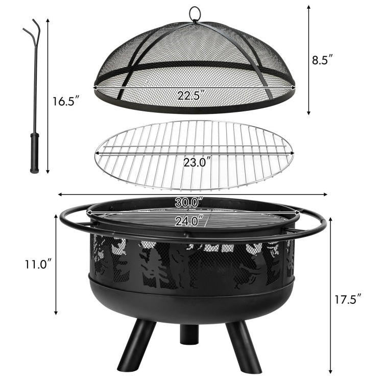 FastFurnishings Portable Patio Screened Wood Burning Fire Pit Cooking Grill with Poker