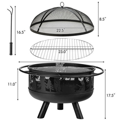 FastFurnishings Portable Patio Screened Wood Burning Fire Pit Cooking Grill with Poker