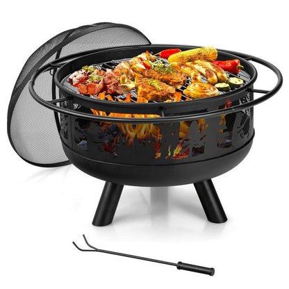 FastFurnishings Portable Patio Screened Wood Burning Fire Pit Cooking Grill with Poker