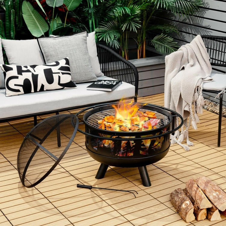 FastFurnishings Portable Patio Screened Wood Burning Fire Pit Cooking Grill with Poker