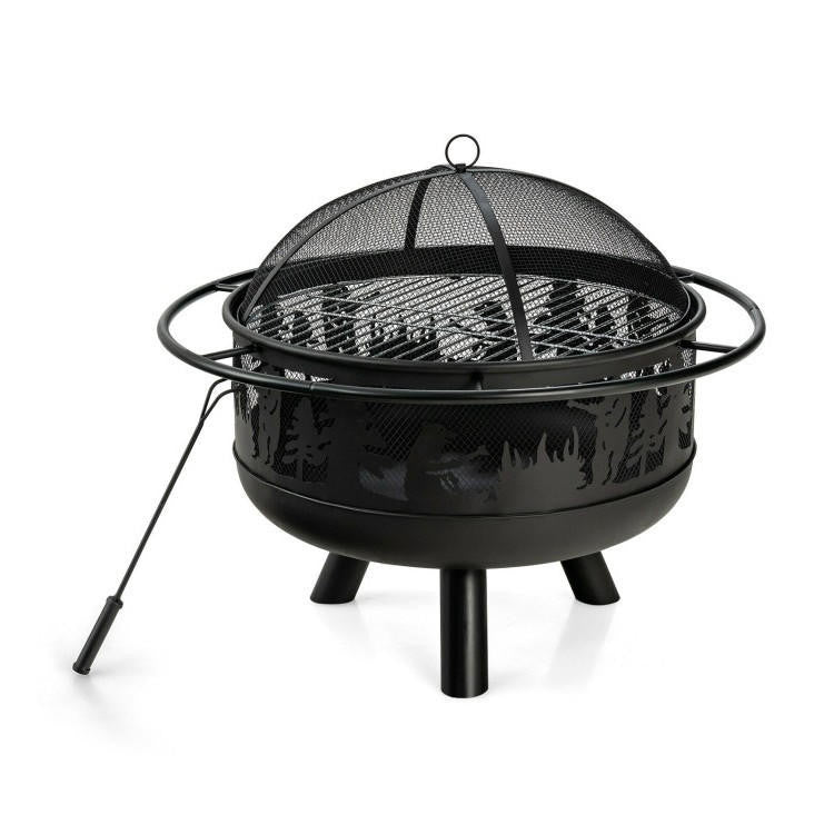 FastFurnishings Portable Patio Screened Wood Burning Fire Pit Cooking Grill with Poker