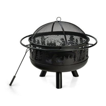FastFurnishings Portable Patio Screened Wood Burning Fire Pit Cooking Grill with Poker