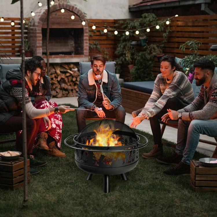 FastFurnishings Portable Patio Screened Wood Burning Fire Pit Cooking Grill with Poker