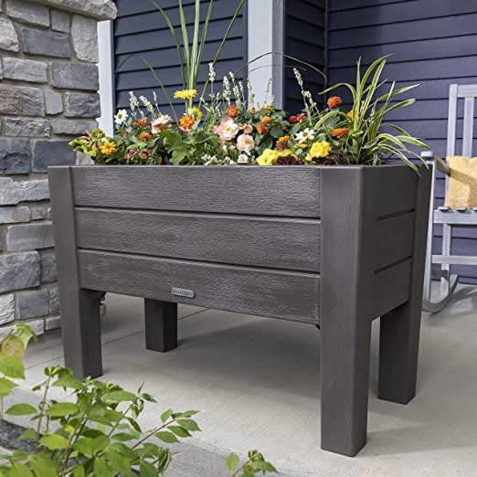 FastFurnishings Rectangular Plastic Raised Garden Bed Planter Box - Dark Grey Cedar Wood Finish