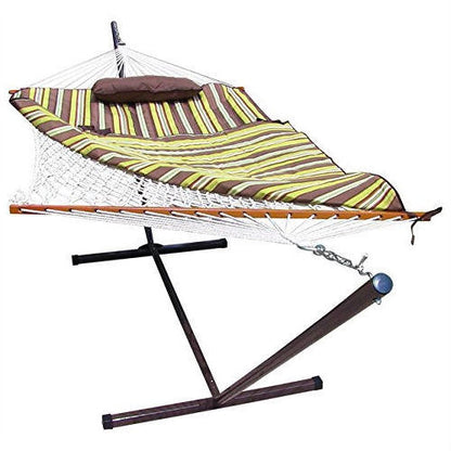 FastFurnishings Rope Hammock Set with Stand Pad and Pillow 55 x 144-inch - Desert Stripe