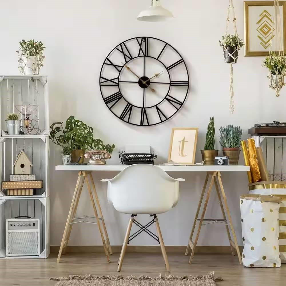 FastFurnishings Round 24-inch Black Metal Roman Numeral Wall Clock with Gold Hands