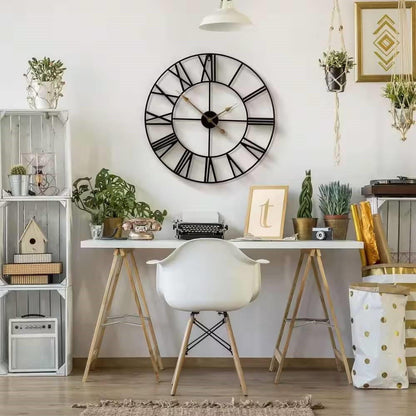 FastFurnishings Round 24-inch Black Metal Roman Numeral Wall Clock with Gold Hands