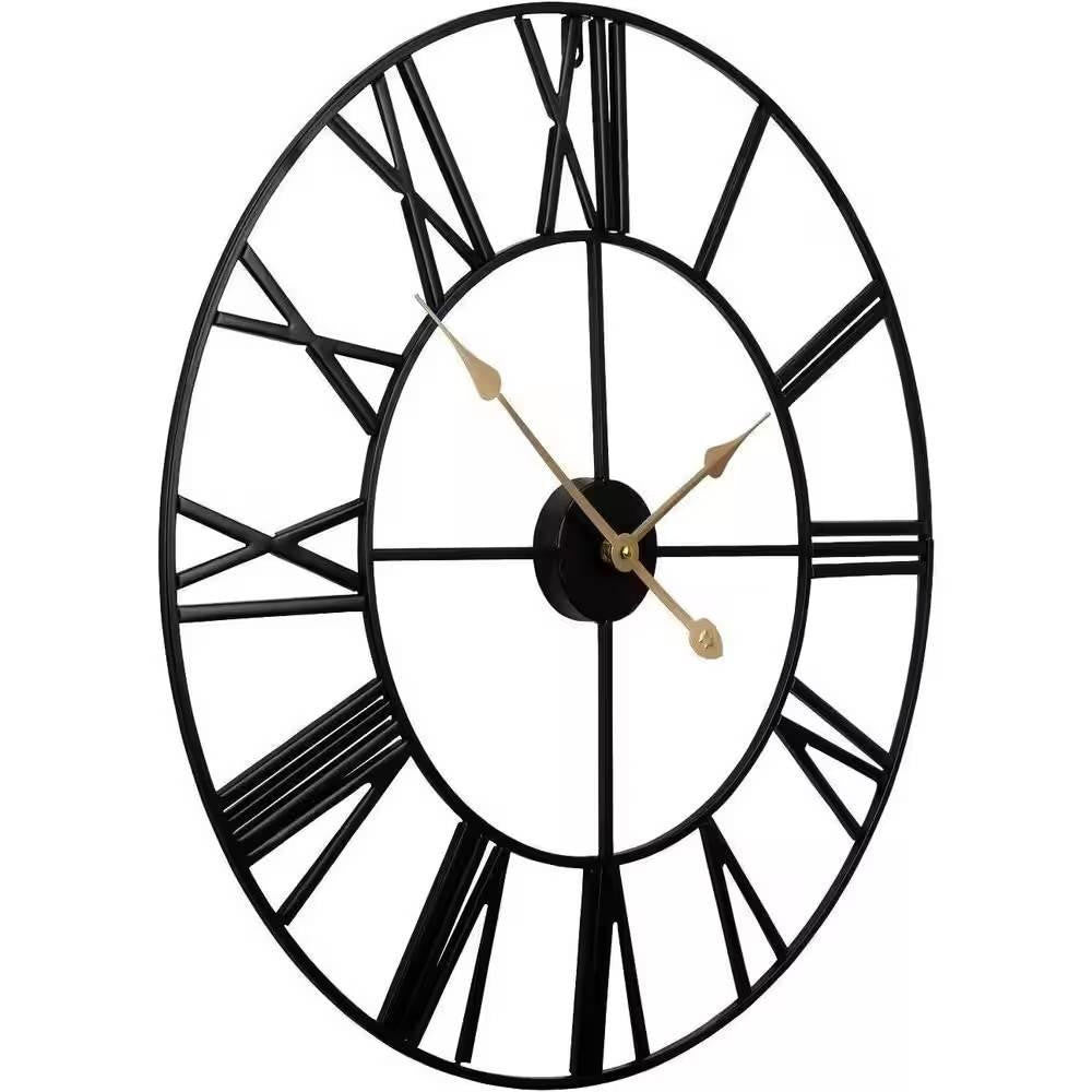 FastFurnishings Round 24-inch Black Metal Roman Numeral Wall Clock with Gold Hands