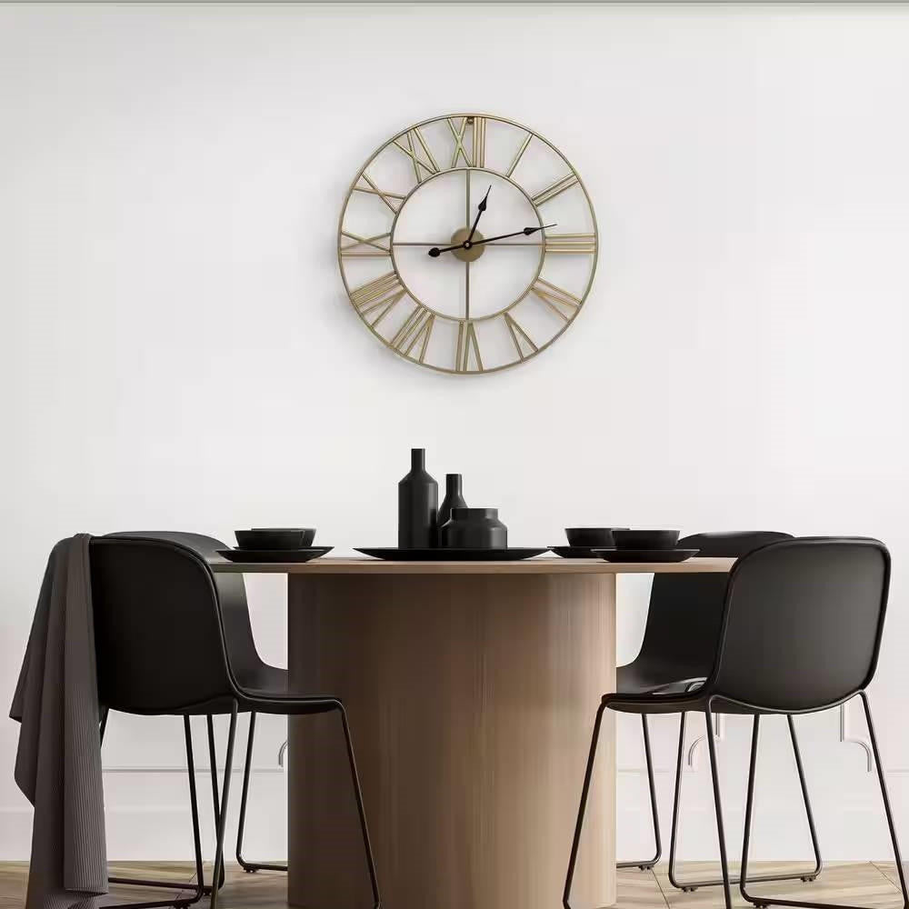 FastFurnishings Round 24-inch Decorative Gold Metal Wall Clock Roman Numerals and Black Hands