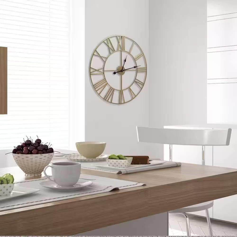 FastFurnishings Round 24-inch Decorative Gold Metal Wall Clock Roman Numerals and Black Hands