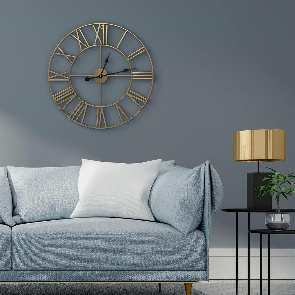 FastFurnishings Round 24-inch Decorative Gold Metal Wall Clock Roman Numerals and Black Hands