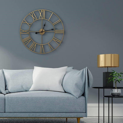 FastFurnishings Round 24-inch Decorative Gold Metal Wall Clock Roman Numerals and Black Hands