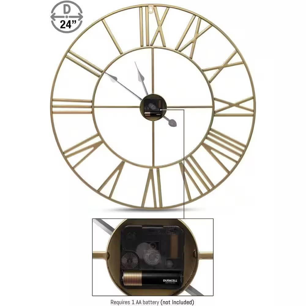 FastFurnishings Round 24-inch Decorative Gold Metal Wall Clock Roman Numerals and Black Hands