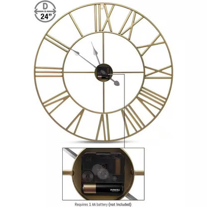 FastFurnishings Round 24-inch Decorative Gold Metal Wall Clock Roman Numerals and Black Hands