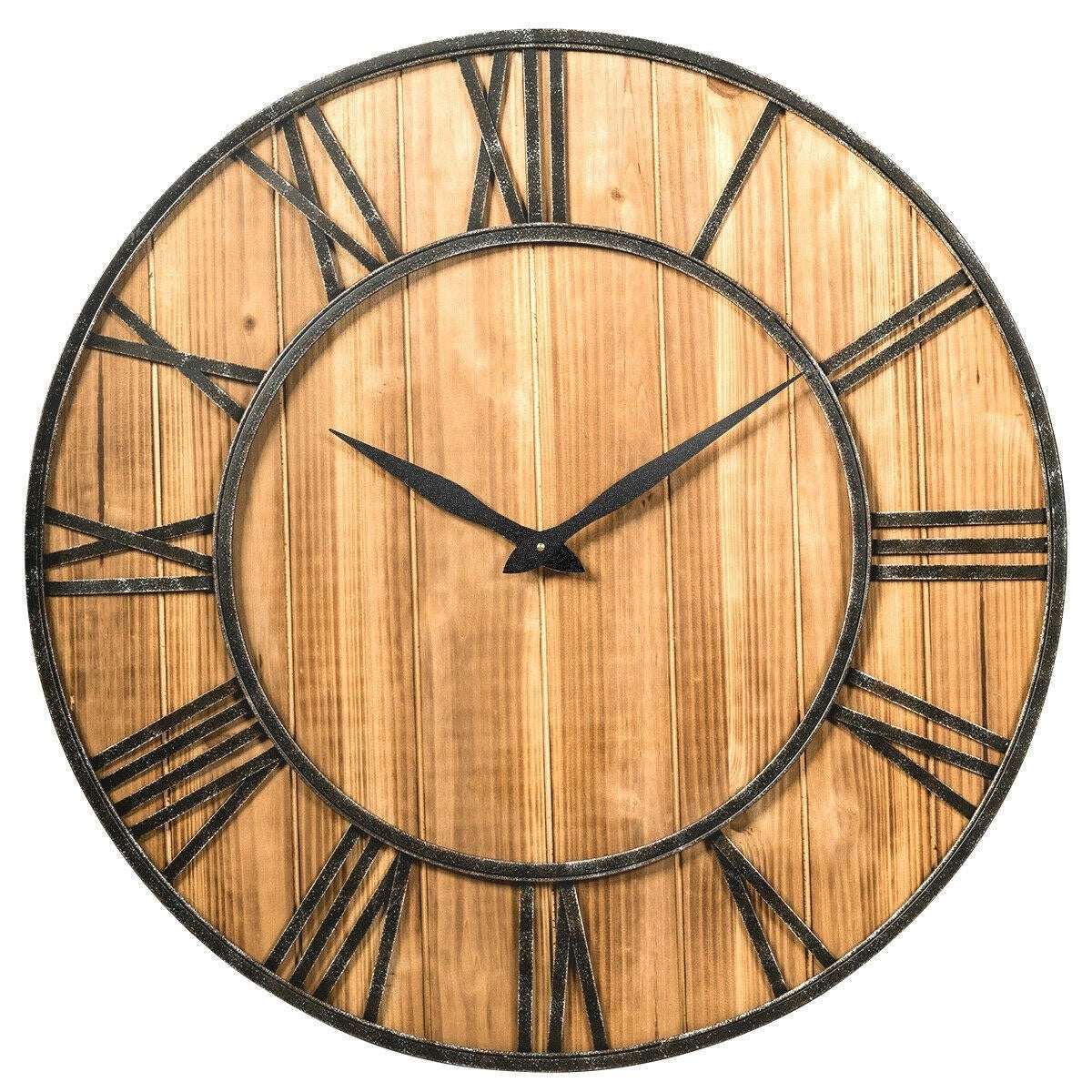 FastFurnishings Round 30-inch Roman Numeral Silent Wood Metal Farmhouse Wall Clock