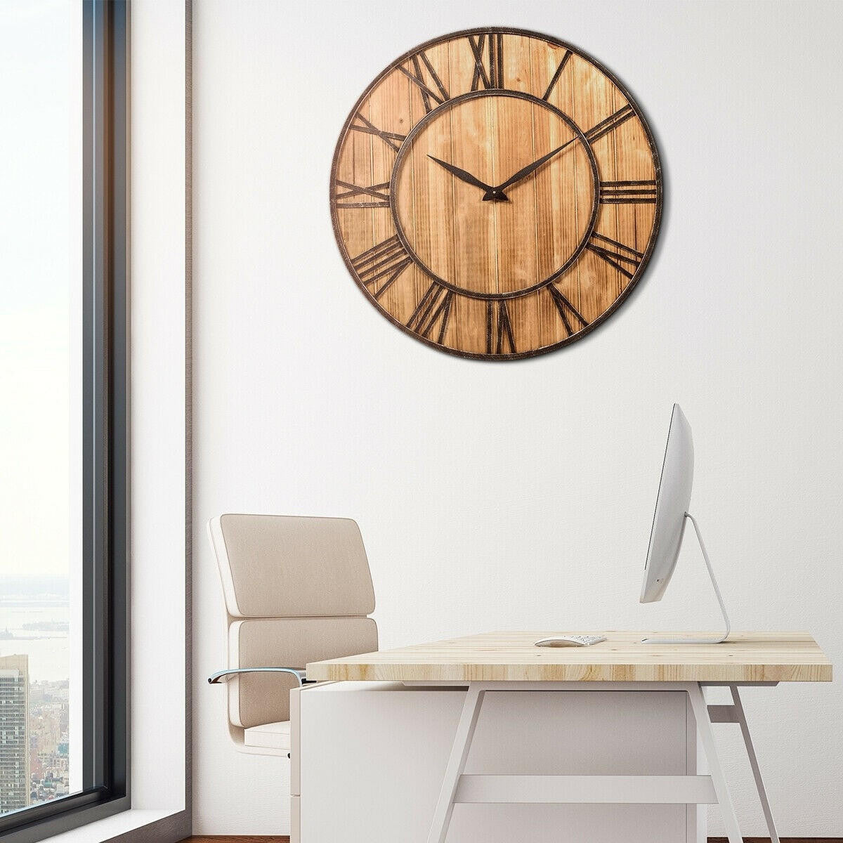 FastFurnishings Round 30-inch Roman Numeral Silent Wood Metal Farmhouse Wall Clock