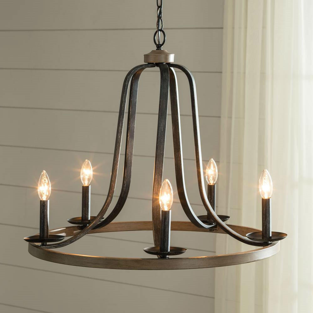 FastFurnishings Rustic 5 Light Dimmable Farm Home Circle Metal Chandelier Oak Finish