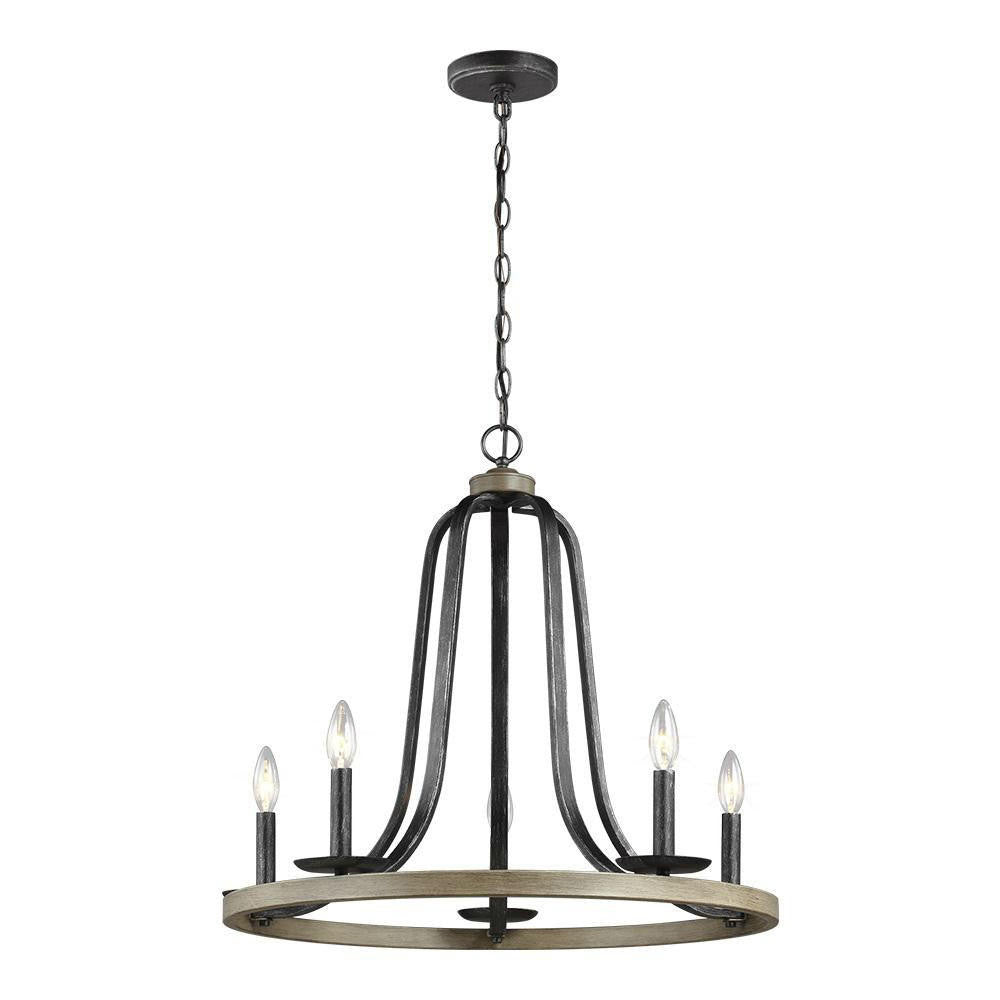 FastFurnishings Rustic 5 Light Dimmable Farm Home Circle Metal Chandelier Oak Finish