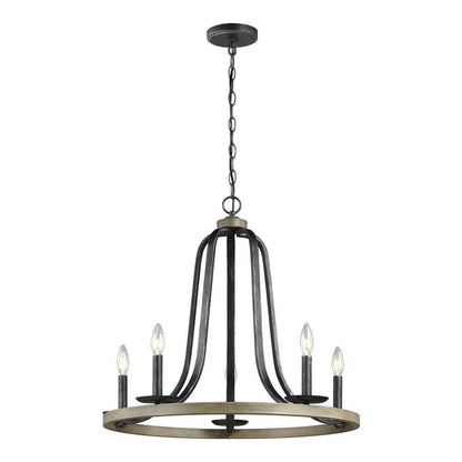 FastFurnishings Rustic 5 Light Dimmable Farm Home Circle Metal Chandelier Oak Finish