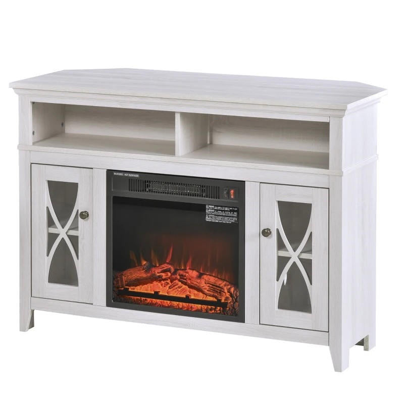 FastFurnishings Rustic White Electric Fireplace Mantel TV Stand w/ Adjustable Shelves 2 Storage Cabinets