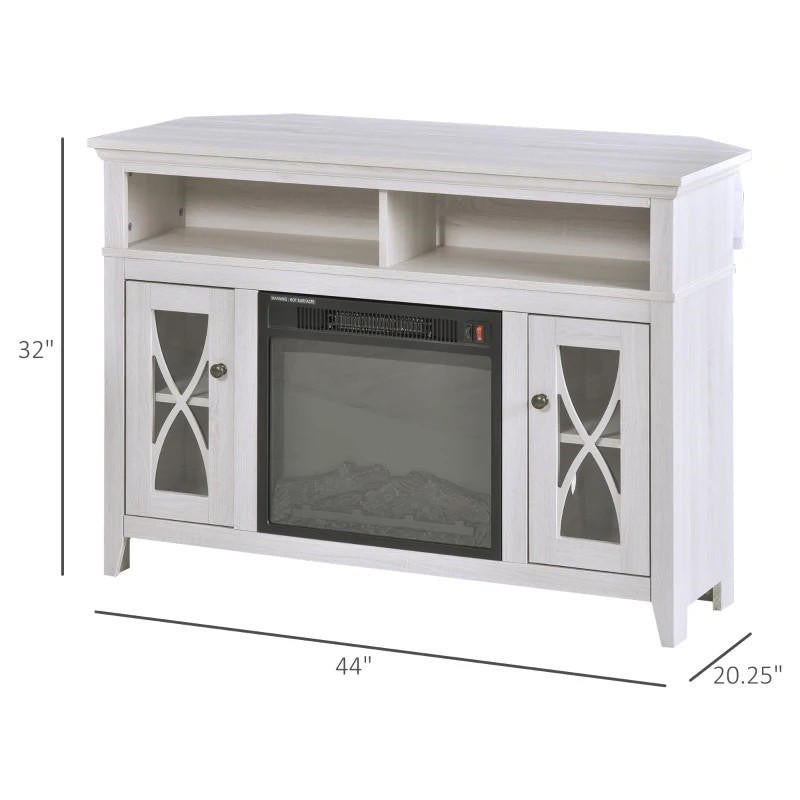 FastFurnishings Rustic White Electric Fireplace Mantel TV Stand w/ Adjustable Shelves 2 Storage Cabinets