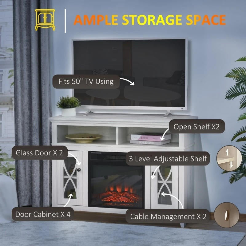 FastFurnishings Rustic White Electric Fireplace Mantel TV Stand w/ Adjustable Shelves 2 Storage Cabinets